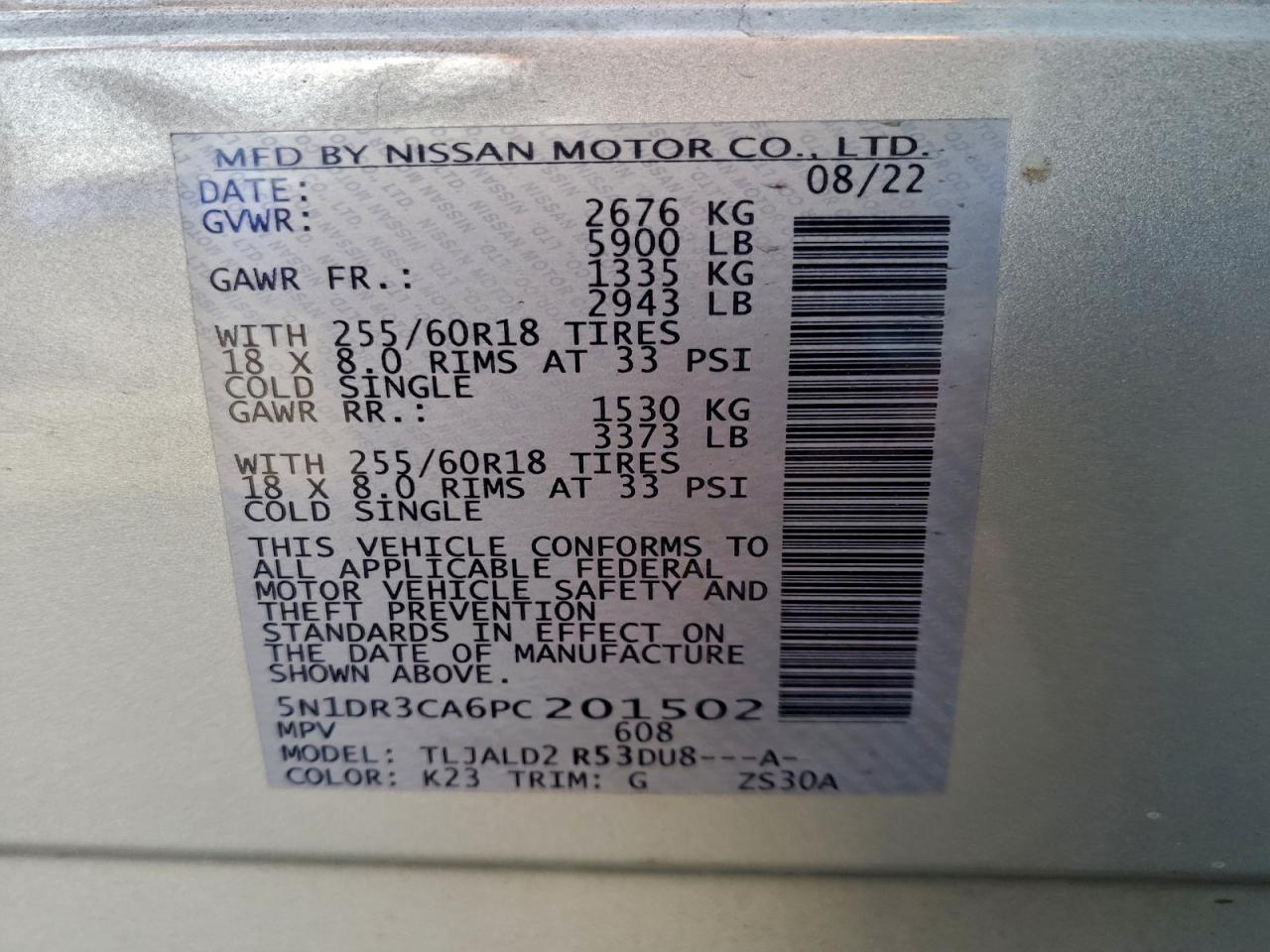 2023 Nissan Pathfinder Sl VIN: 5N1DR3CA6PC201502 Lot: 95277835