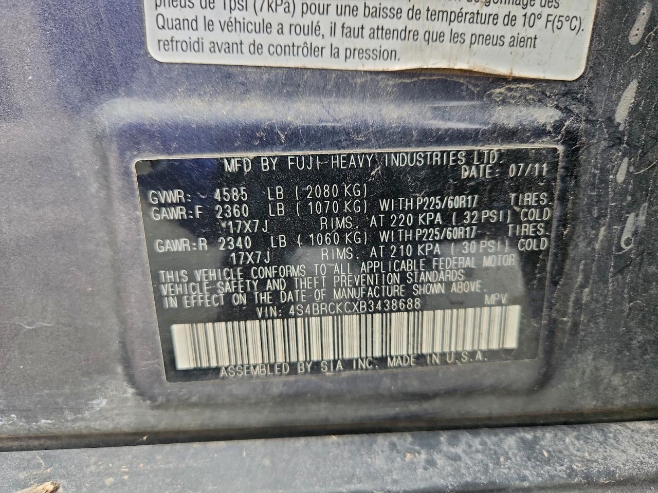 2011 Subaru Outback 2.5I Limited VIN: 4S4BRCKCXB3438688 Lot: 96008335