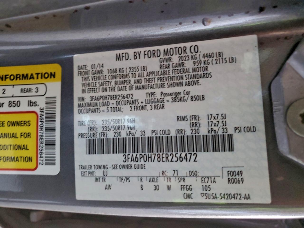 2014 Ford Fusion Se VIN: 3FA6P0H78ER256472 Lot: 94890335