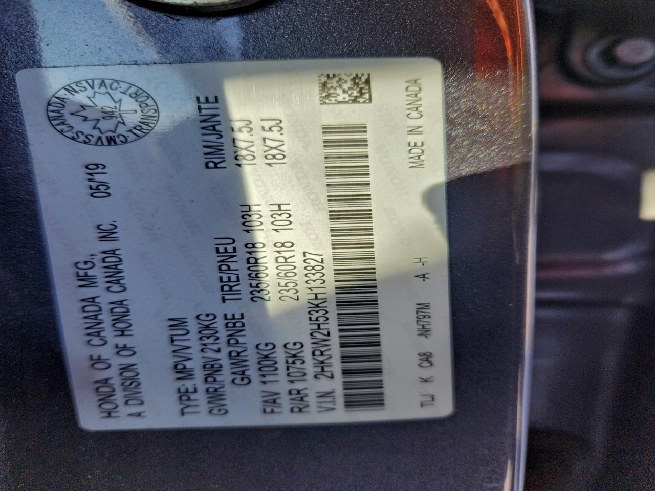 2019 Honda Cr-V Ex VIN: 2HKRW2H53KH133827 Lot: 95422275