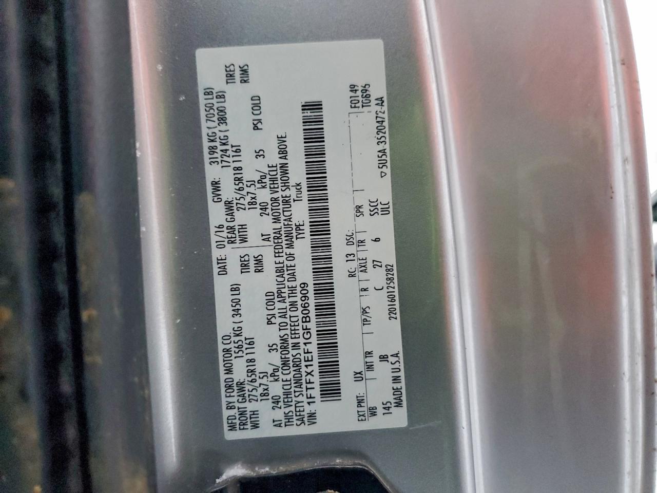 2016 Ford F150 Super Cab VIN: 1FTFX1EF1GFB06909 Lot: 95685405