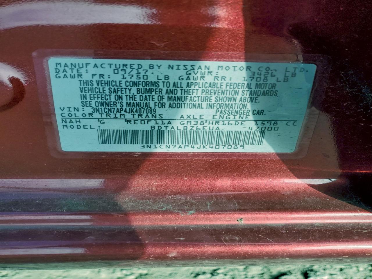 2018 Nissan Versa S VIN: 3N1CN7AP4JK407089 Lot: 96098955