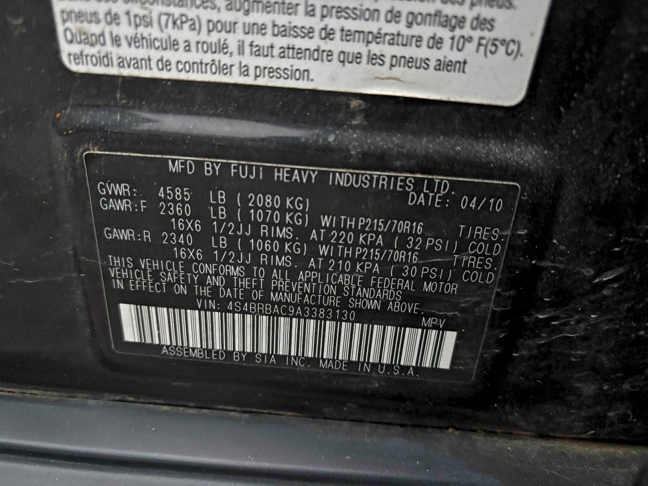 2010 Subaru Outback 2.5I VIN: 4S4BRBAC9A3383130 Lot: 97665265