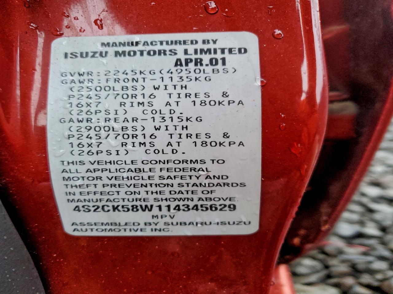 2001 Isuzu Rodeo S VIN: 4S2CK58W114345629 Lot: 98134665