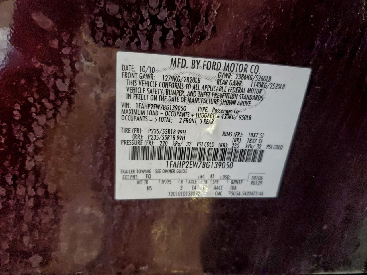 2011 Ford Taurus Sel VIN: 1FAHP2EW7BG139050 Lot: 96535335