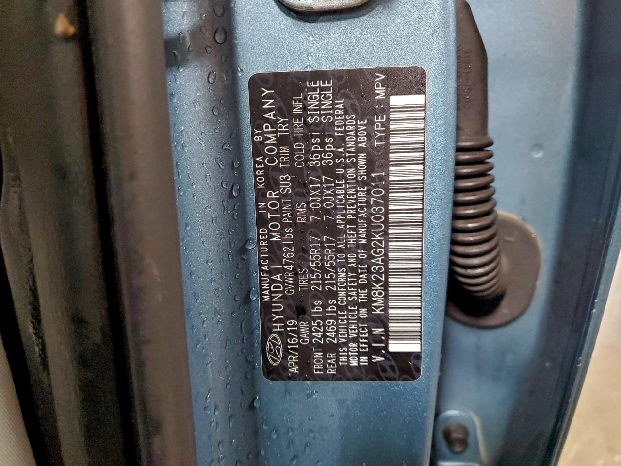 2019 Hyundai Kona Sel VIN: KM8K23AG2KU037011 Lot: 95316055