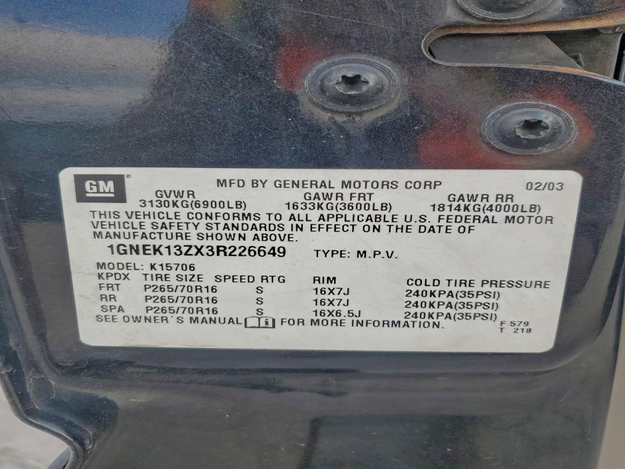 2003 Chevrolet Tahoe K1500 VIN: 1GNEK13ZX3R226649 Lot: 96050315