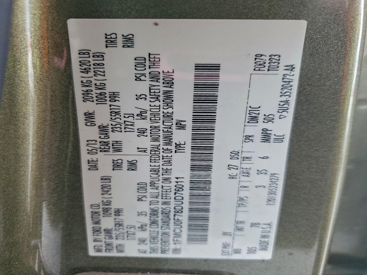 2013 Ford Escape S VIN: 1FMCU0F78DUD76011 Lot: 97444295