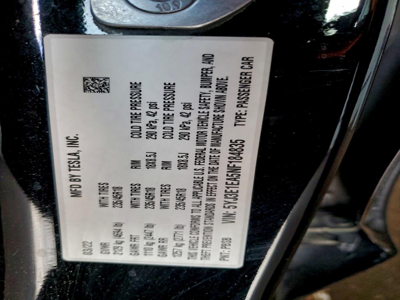 2022 Tesla Model 3 VIN: 5YJ3E1EA5NF184835 Lot: 96211905