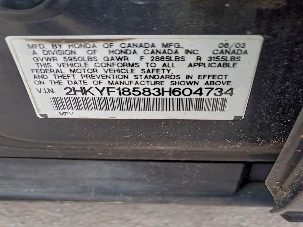 2003 Honda Pilot Exl VIN: 2HKYF18583H604734 Lot: 96231505