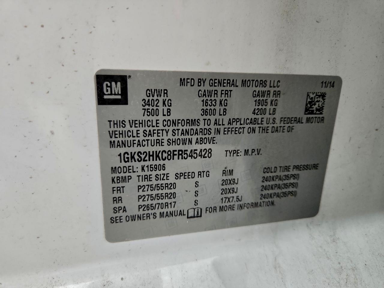 2015 GMC Yukon Xl K1500 Slt VIN: 1GKS2HKC8FR545428 Lot: 95844785