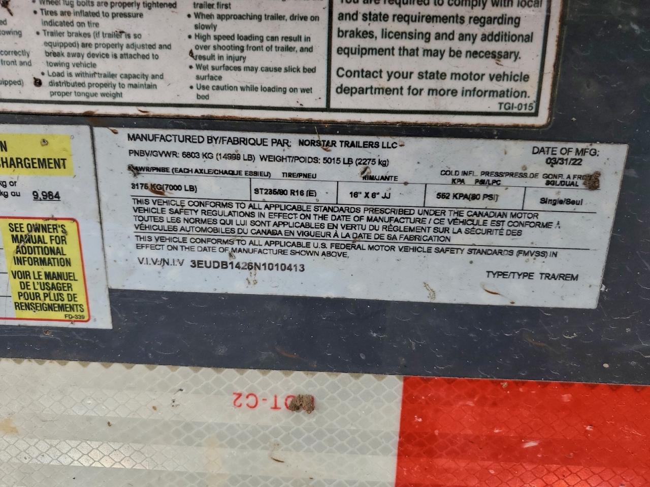 2022 Norstar Dump VIN: 3EUDB1426N1010413 Lot: 95619775