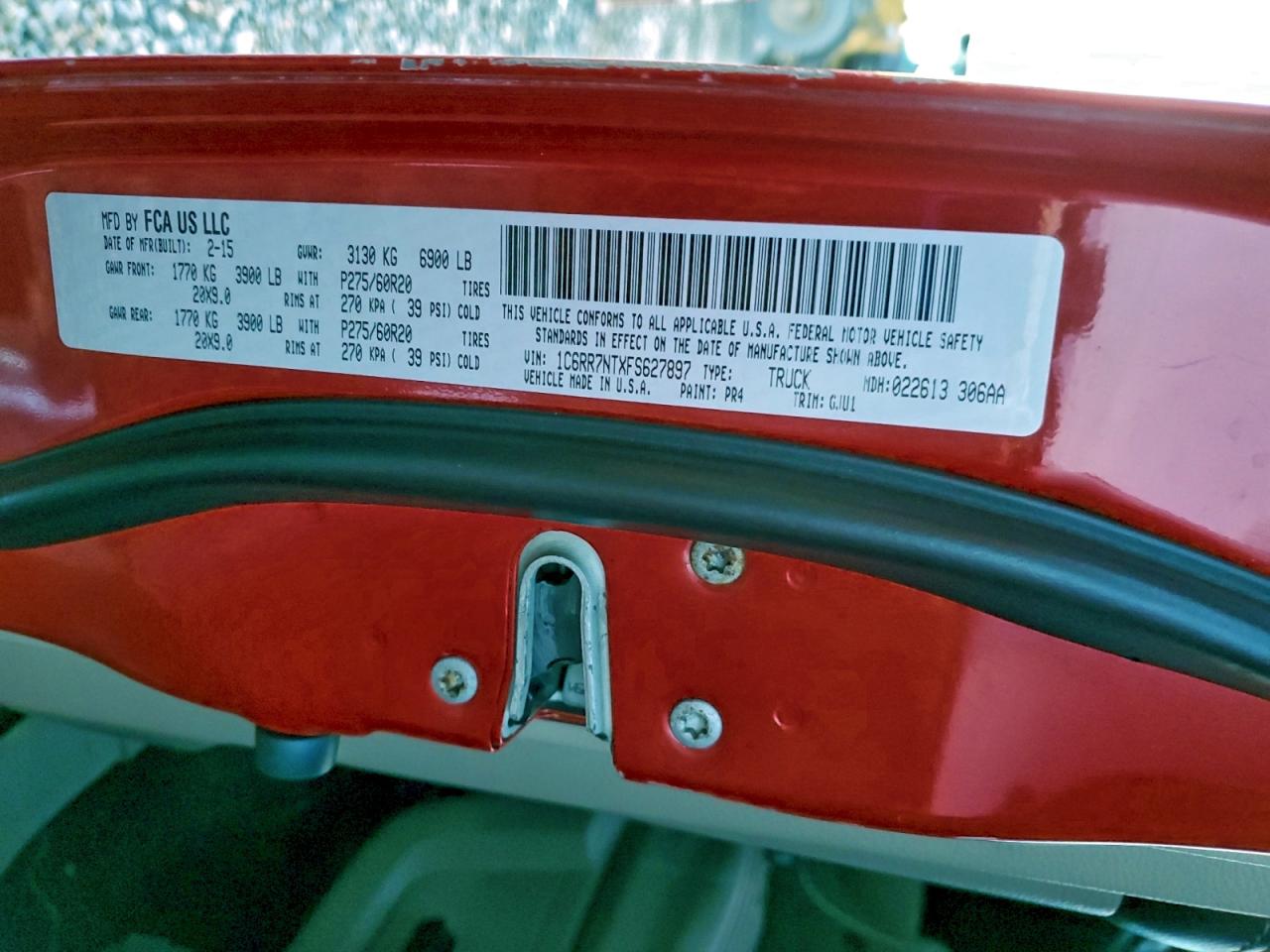 2015 Ram 1500 Laramie VIN: 1C6RR7NTXFS627897 Lot: 95203785