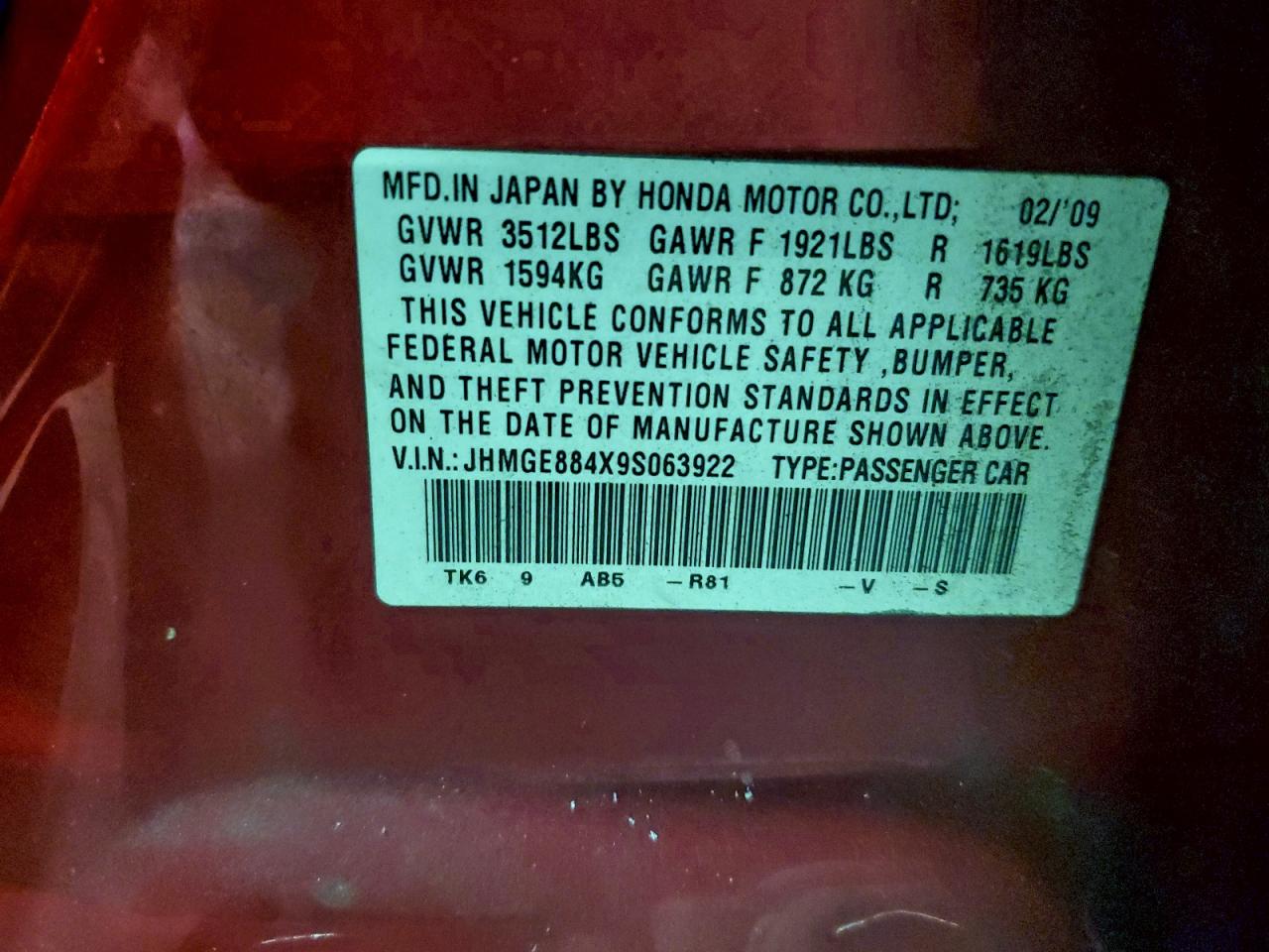 2009 Honda Fit Sport VIN: JHMGE884X9S063922 Lot: 94948705