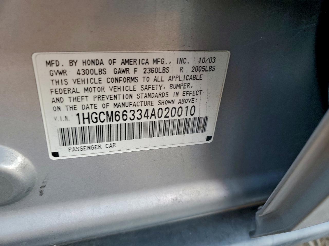 2004 Honda Accord Lx VIN: 1HGCM66334A020010 Lot: 95115755