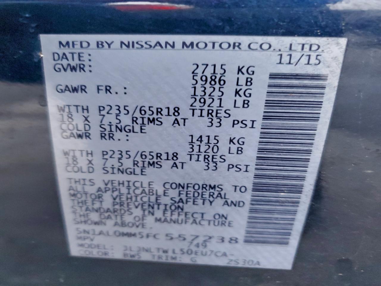 2015 Infiniti Qx60 VIN: 5N1AL0MM5FC557238 Lot: 95929765