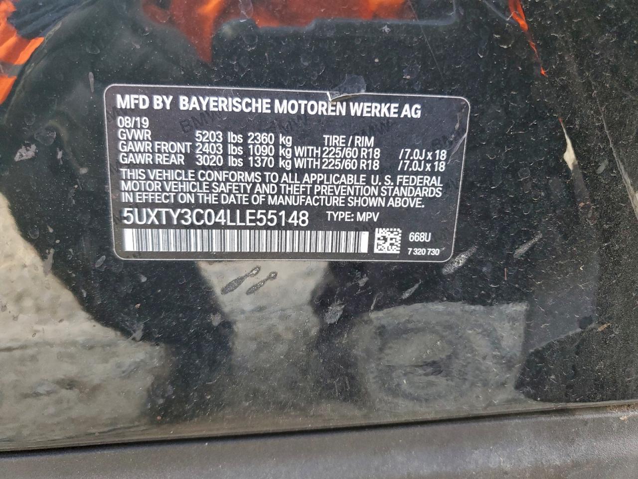 2020 BMW X3 Sdrive30I VIN: 5UXTY3C04LLE55148 Lot: 95862715