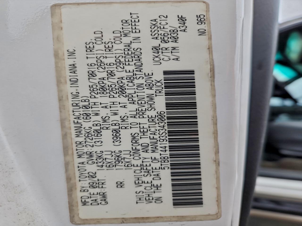 2003 Toyota Tundra Access Cab Sr5 VIN: 5TBBT44193S343006 Lot: 95081505