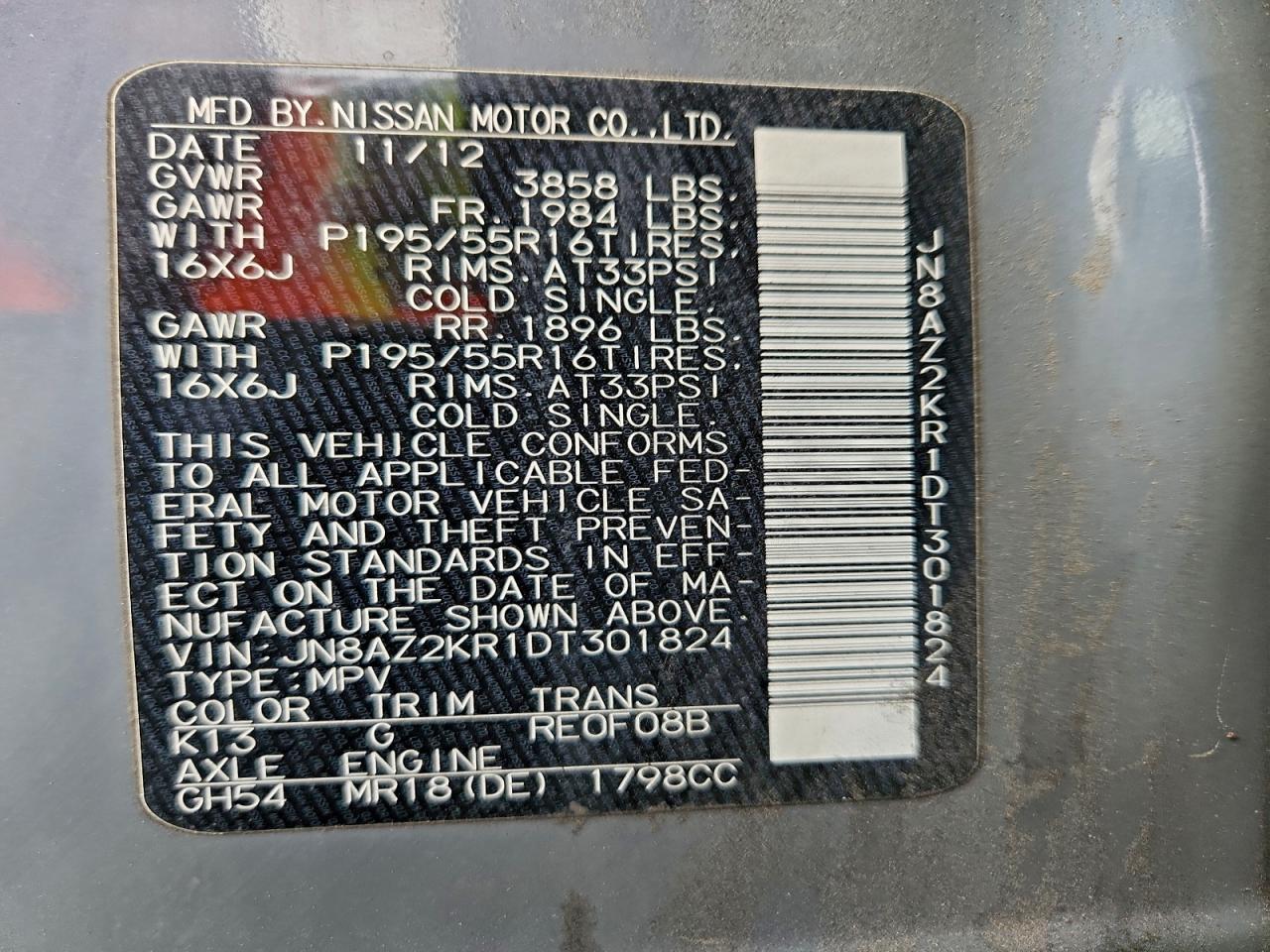 2013 Nissan Cube S VIN: JN8AZ2KR1DT301824 Lot: 93882595