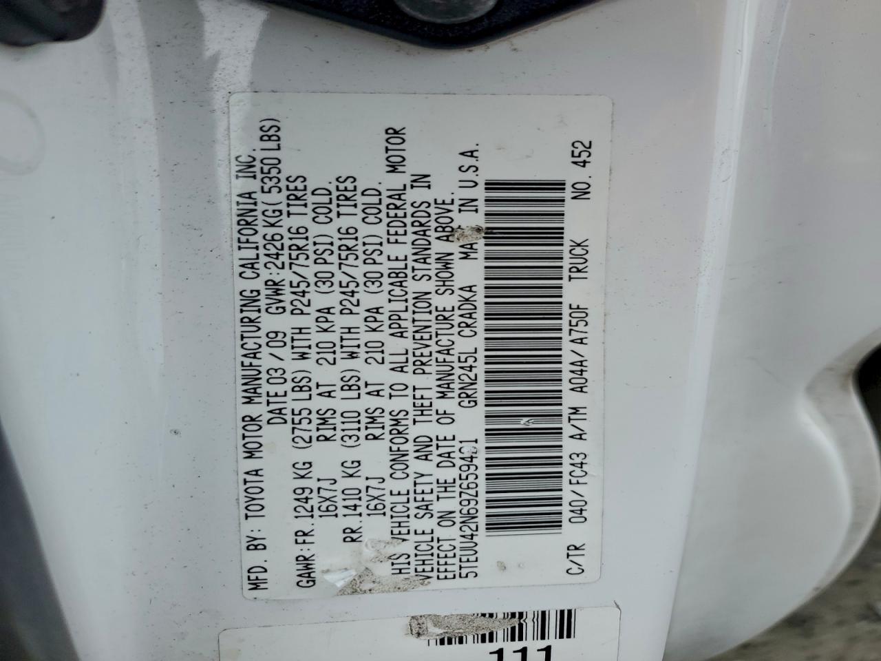 2009 Toyota Tacoma Access Cab VIN: 5TEUU42N69Z659431 Lot: 95143285