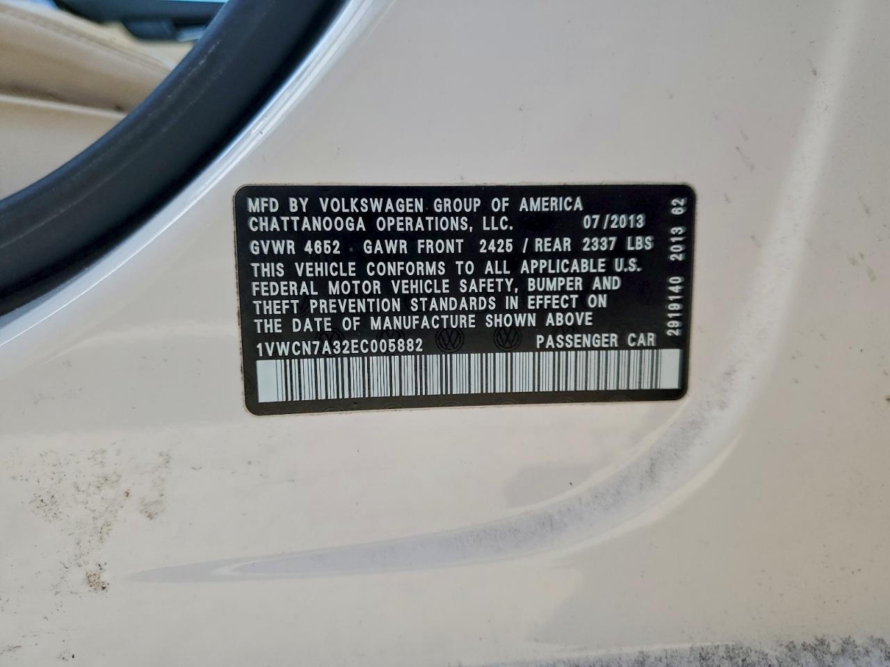 2014 Volkswagen Passat Sel VIN: 1VWCN7A32EC005882 Lot: 94391365