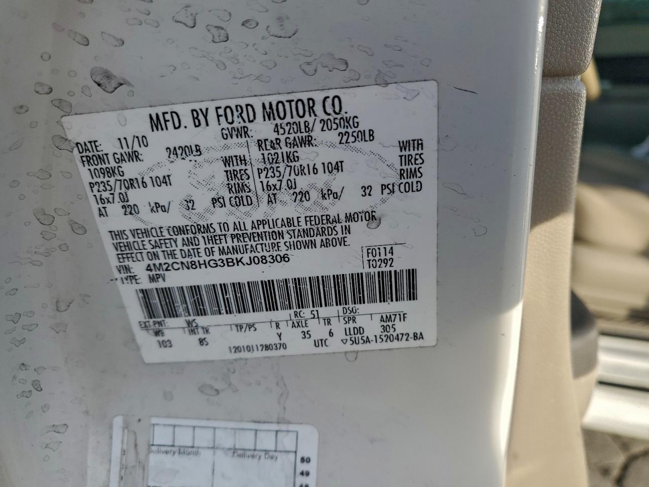 2011 Mercury Mariner Premier VIN: 4M2CN8HG3BKJ08306 Lot: 94338915