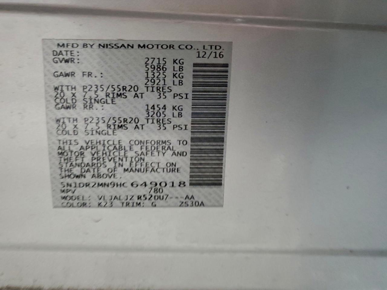 2017 Nissan Pathfinder S VIN: 5N1DR2MN9HC649018 Lot: 95296715