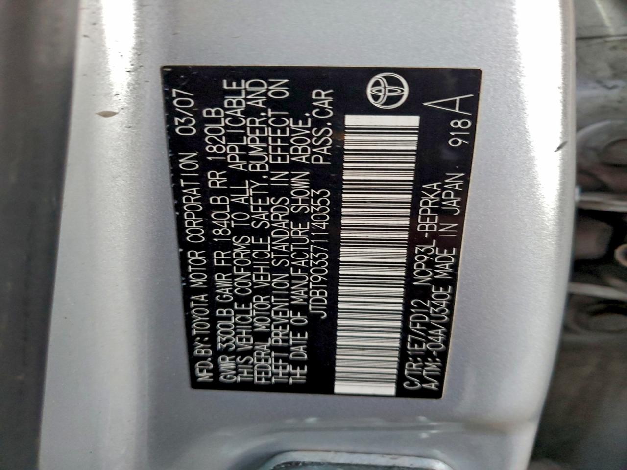 2007 Toyota Yaris VIN: JTDBT903371140353 Lot: 94378105