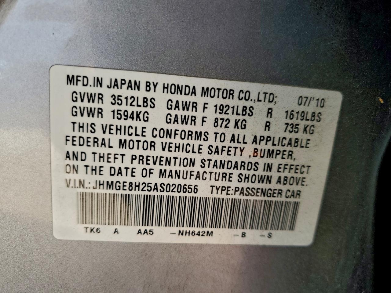 2010 Honda Fit VIN: JHMGE8H25AS020656 Lot: 95554935