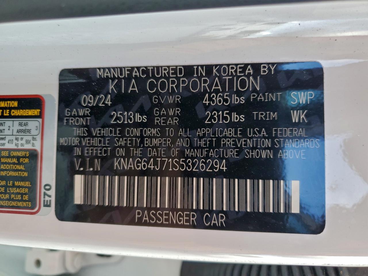 2025 Kia K5 Gt Line VIN: KNAG64J71S5326294 Lot: 95210945