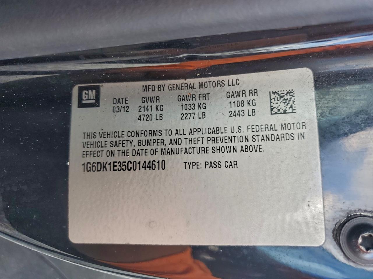 2012 Cadillac Cts Performance Collection VIN: 1G6DK1E35C0144610 Lot: 96674605