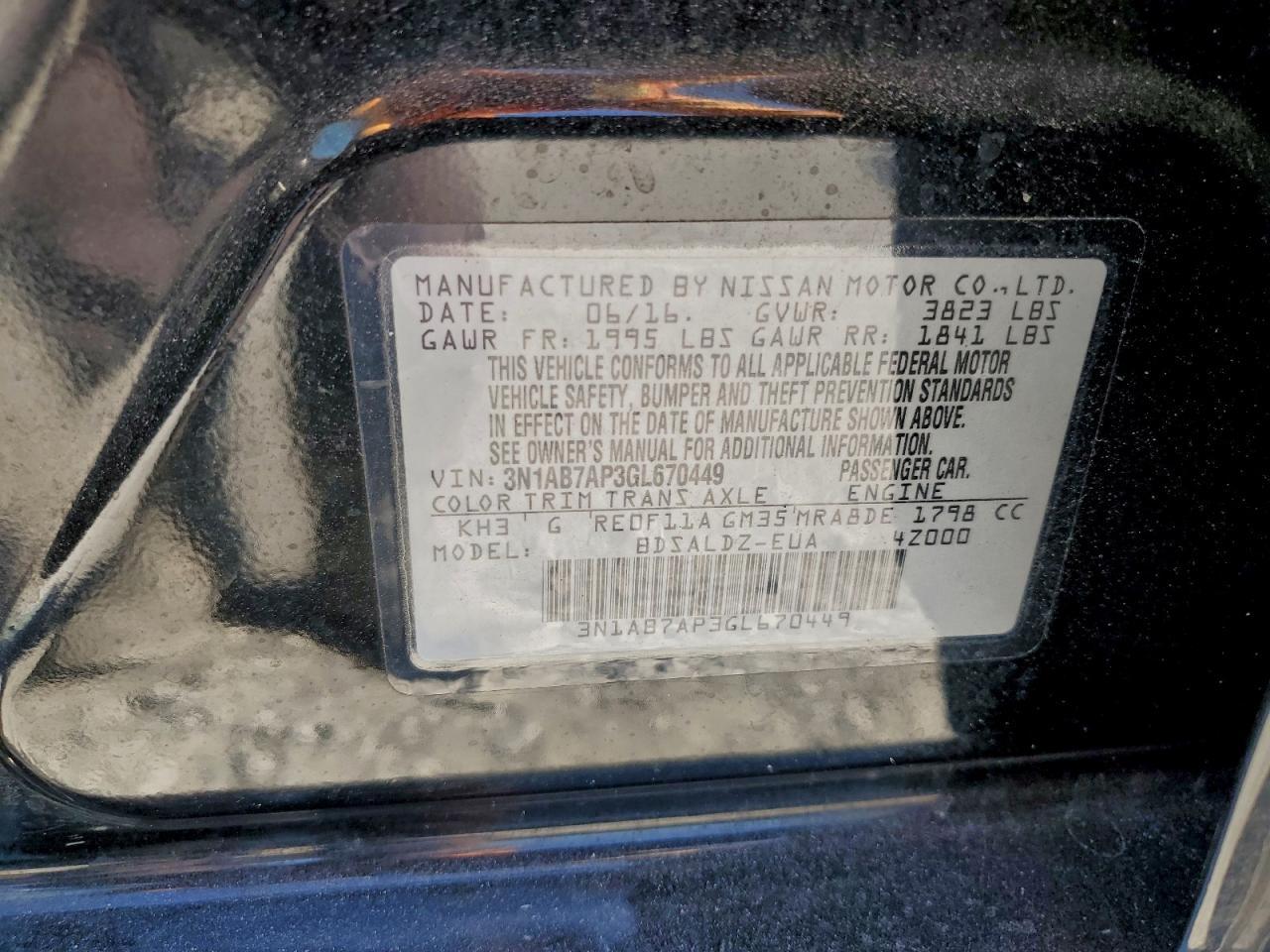 2016 Nissan Sentra S VIN: 3N1AB7AP3GL670449 Lot: 95780045