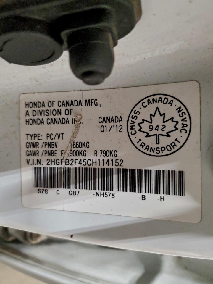 2012 Honda Civic Lx VIN: 2HGFB2F45CH114152 Lot: 96305025