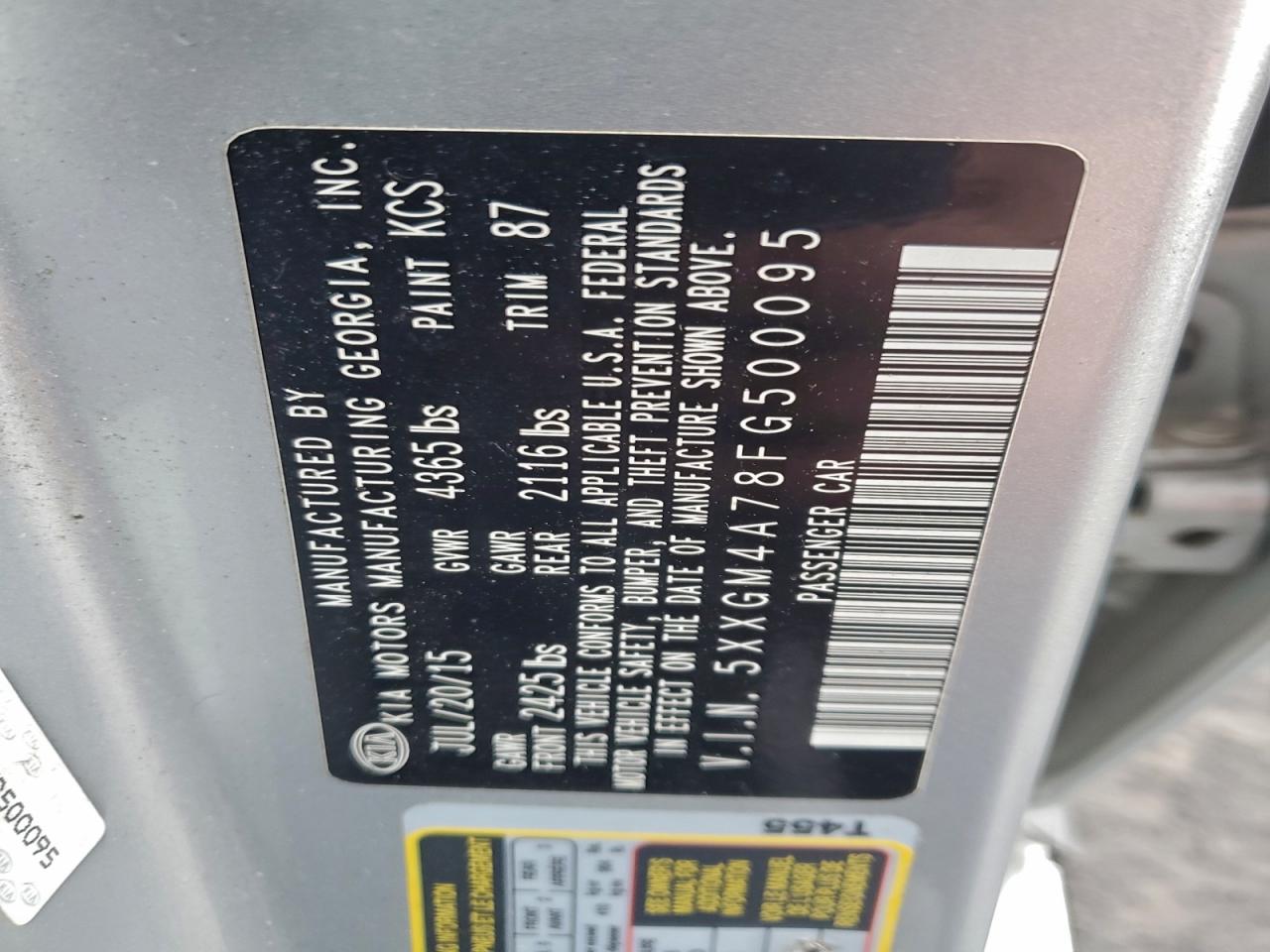 2015 Kia Optima Lx VIN: 5XXGM4A78FG500095 Lot: 97430635