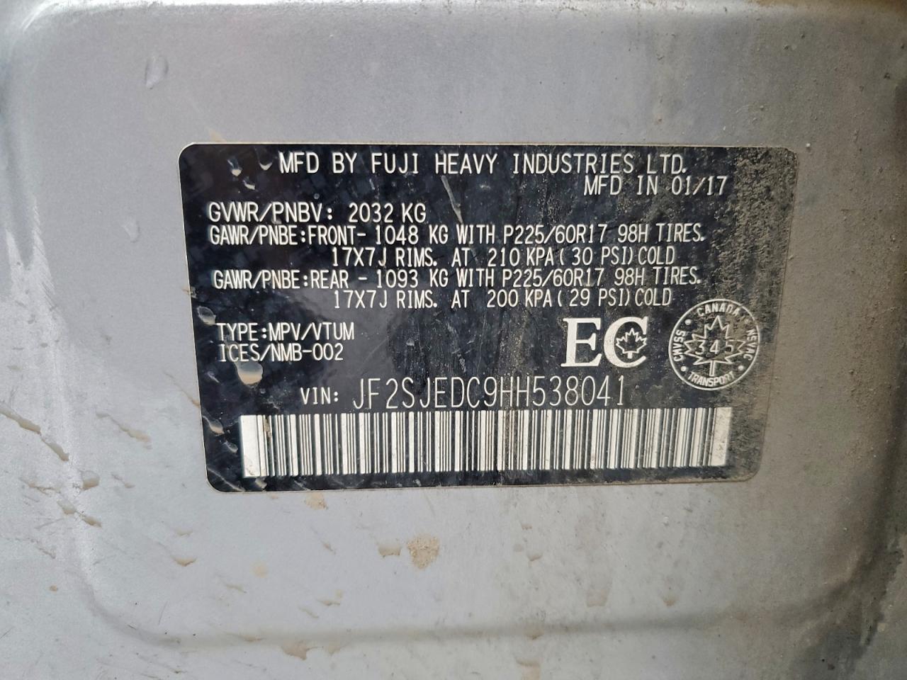 2017 Subaru Forester 2.5I Premium VIN: JF2SJEDC9HH538041 Lot: 95066295