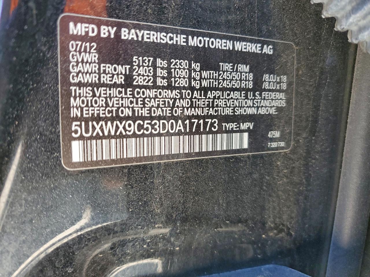 2013 BMW X3 xDrive28I VIN: 5UXWX9C53D0A17173 Lot: 95832185