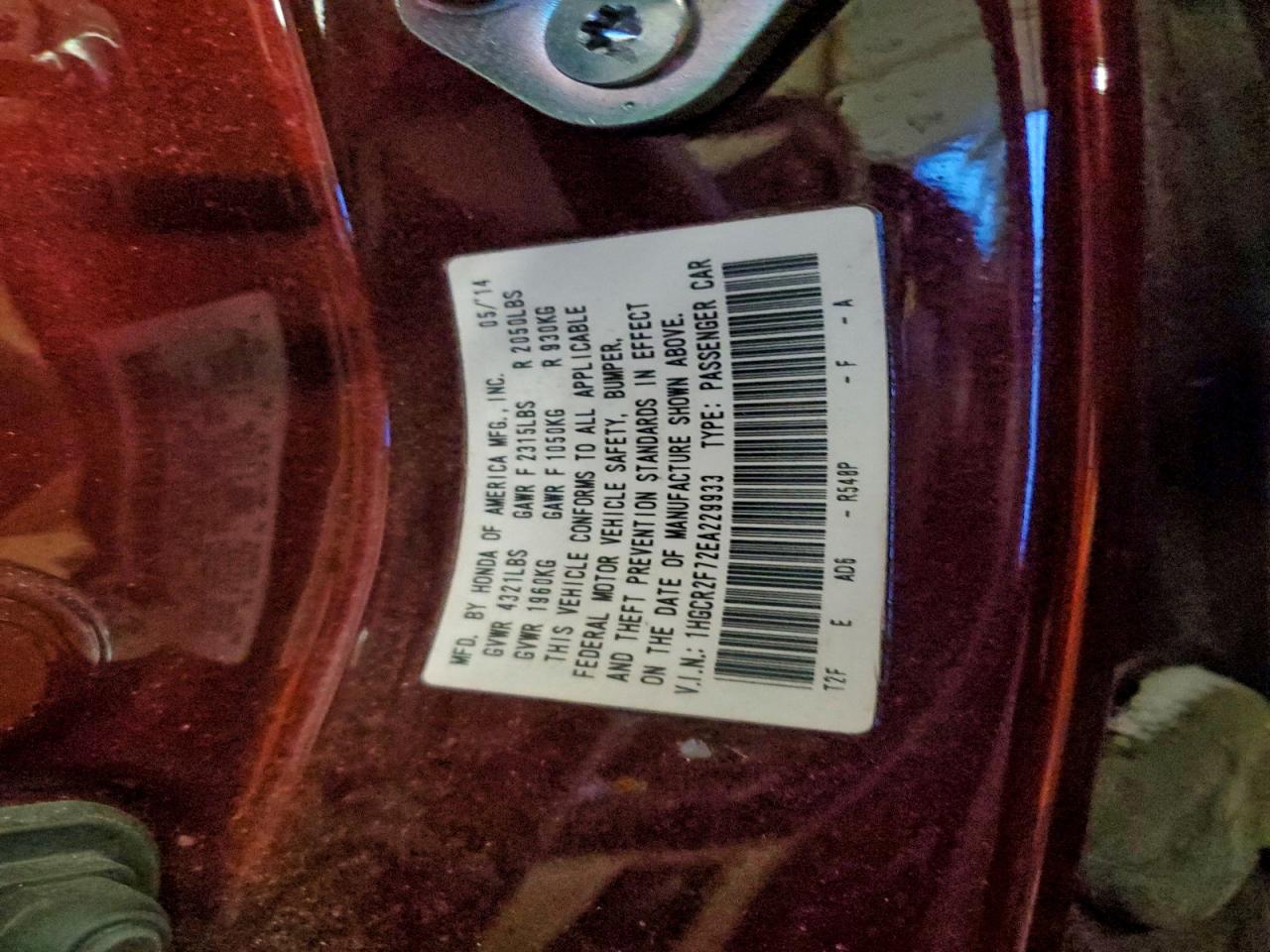 2014 Honda Accord Ex VIN: 1HGCR2F72EA229933 Lot: 93635925