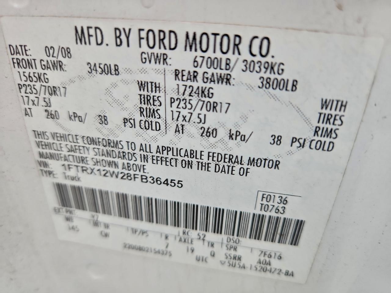 2008 Ford F150 VIN: 1FTRX12W28FB36455 Lot: 95733665