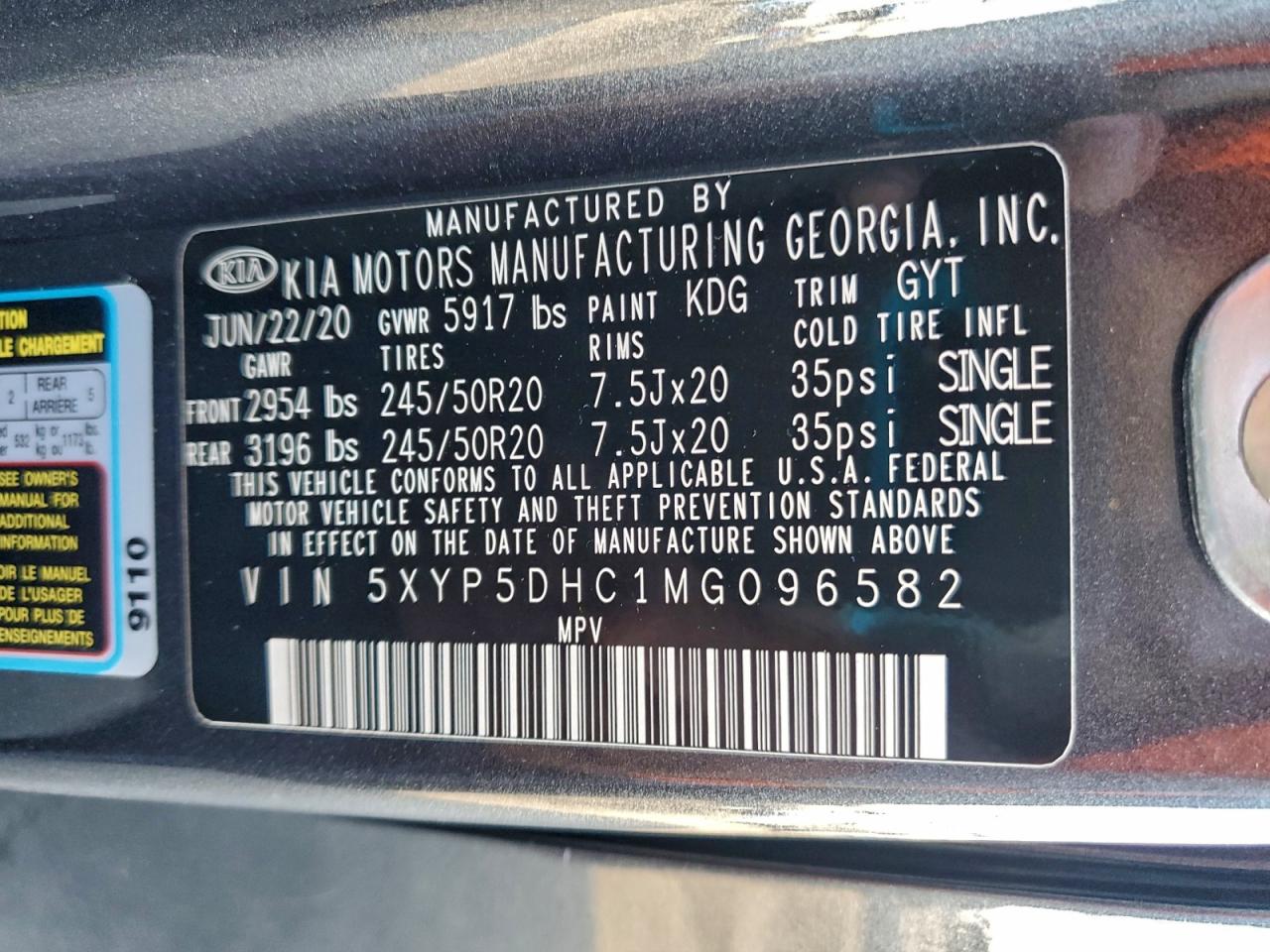 2021 Kia Telluride Sx VIN: 5XYP5DHC1MG096582 Lot: 94930885