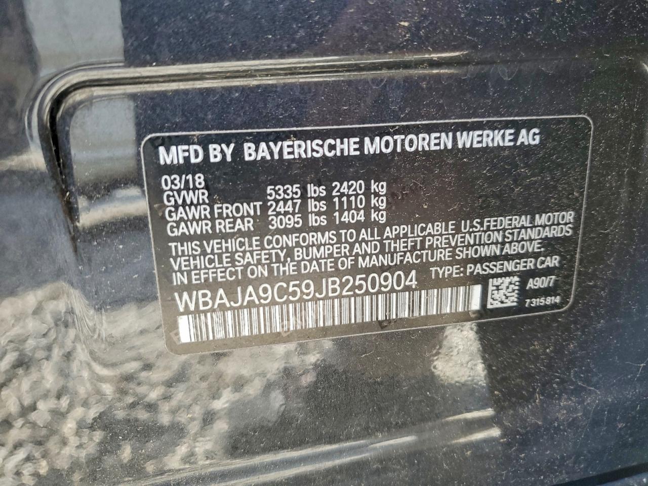 2018 BMW 530E VIN: WBAJA9C59JB250904 Lot: 94924365