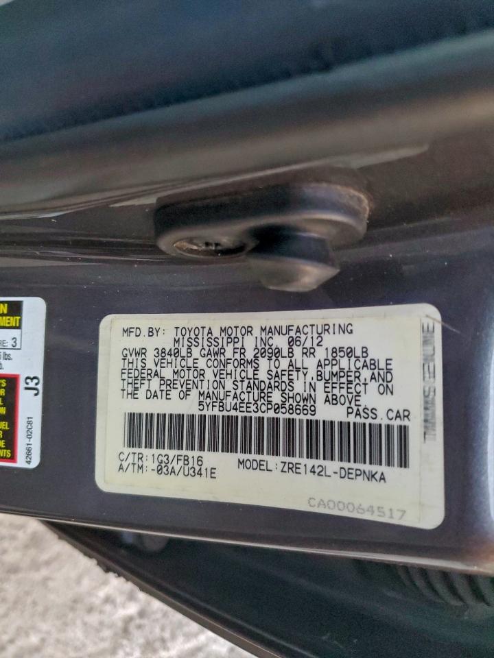 2012 Toyota Corolla Base VIN: 5YFBU4EE3CP058669 Lot: 95910225