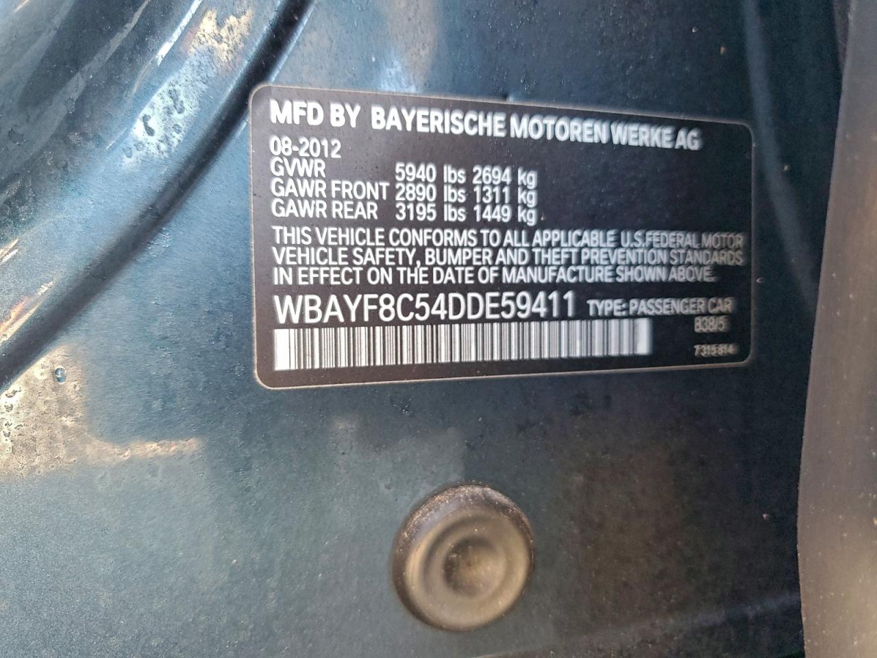 2013 BMW 750 Lxi VIN: WBAYF8C54DDE59411 Lot: 96534215