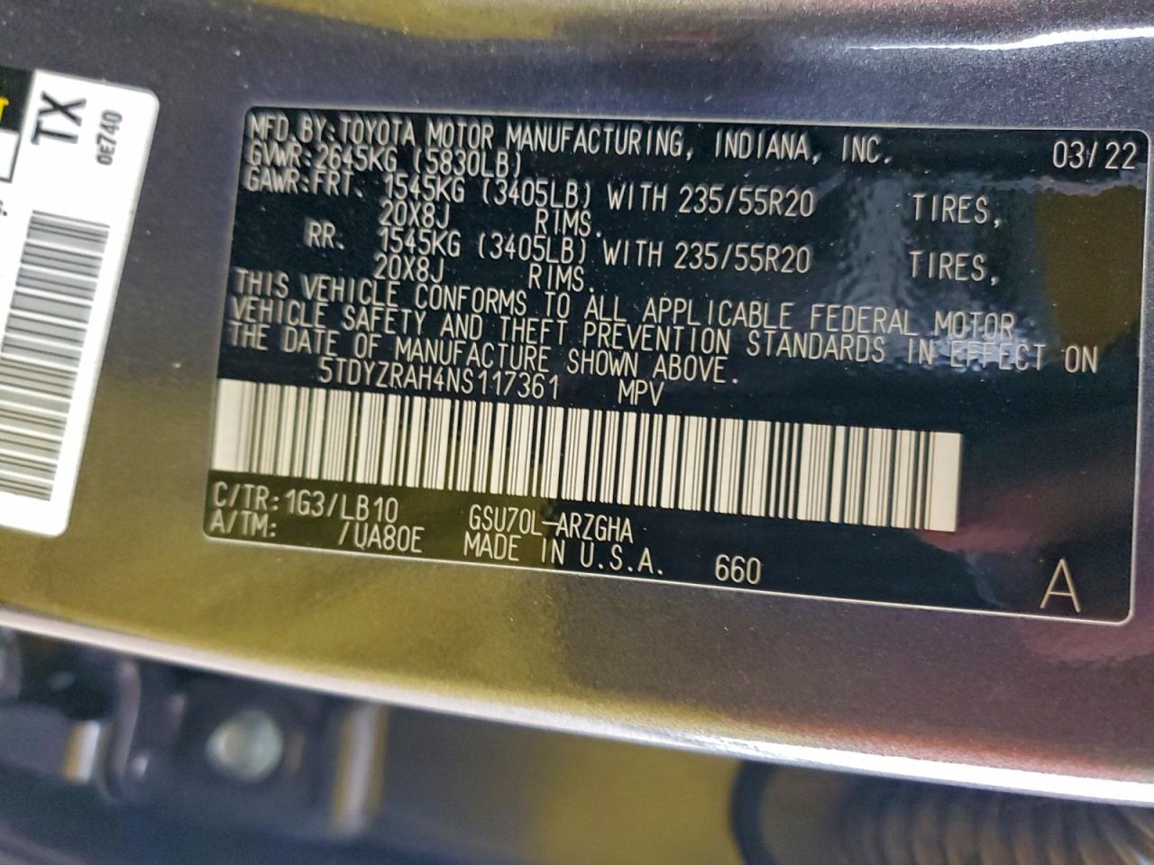 2022 Toyota Highlander Limited VIN: 5TDYZRAH4NS117361 Lot: 94936905