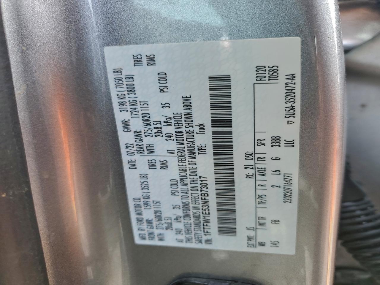 2022 Ford F150 Supercrew VIN: 1FTFW1E53NFB73017 Lot: 92788515