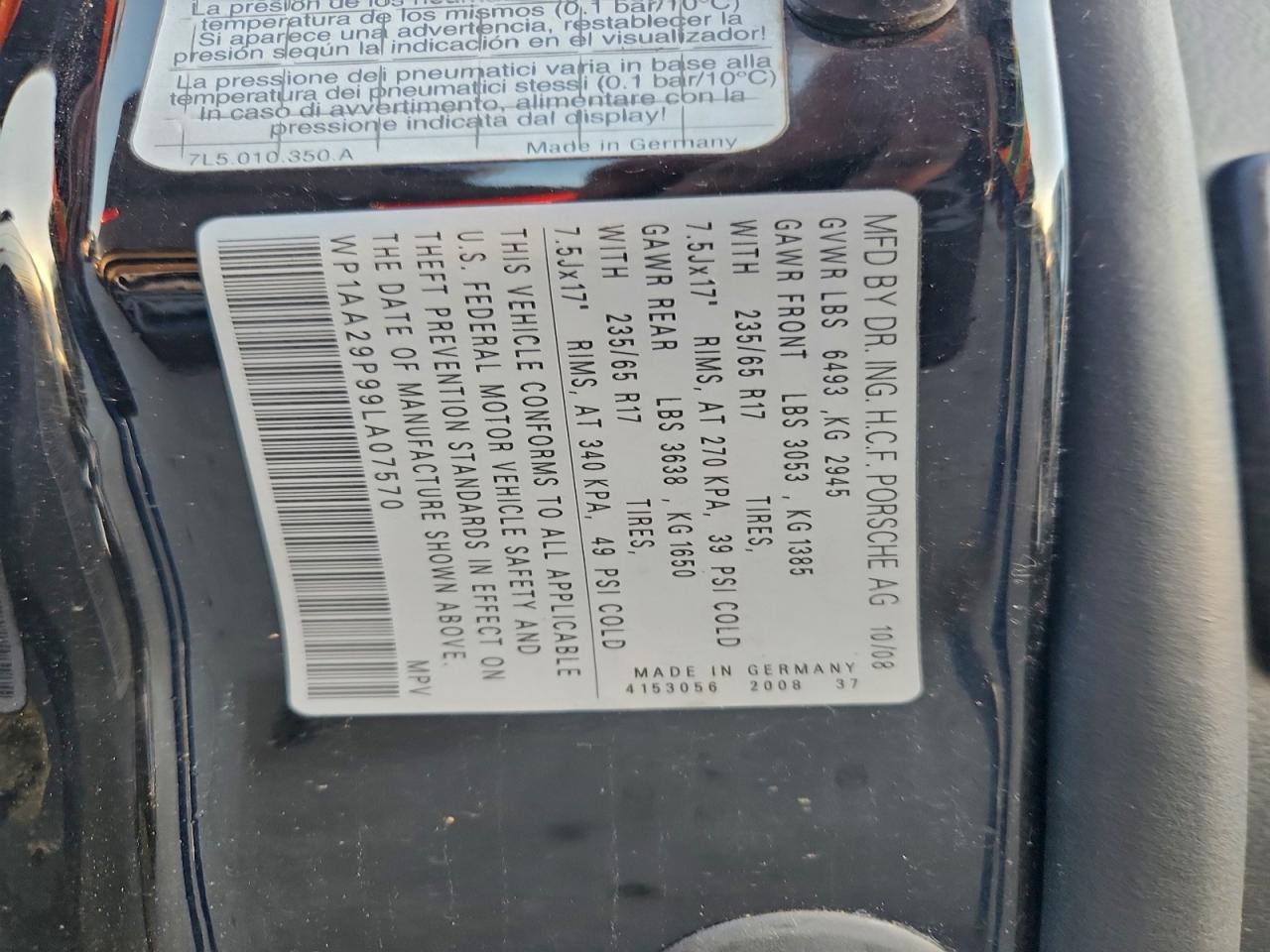 2009 Porsche Cayenne VIN: WP1AA29P99LA07570 Lot: 95829965