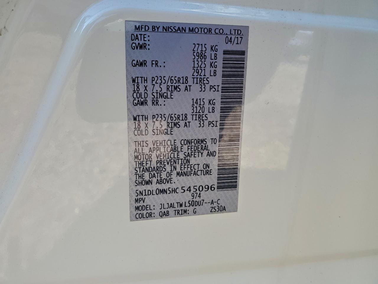 2017 Infiniti Qx60 VIN: 5N1DL0MN5HC545096 Lot: 94550505