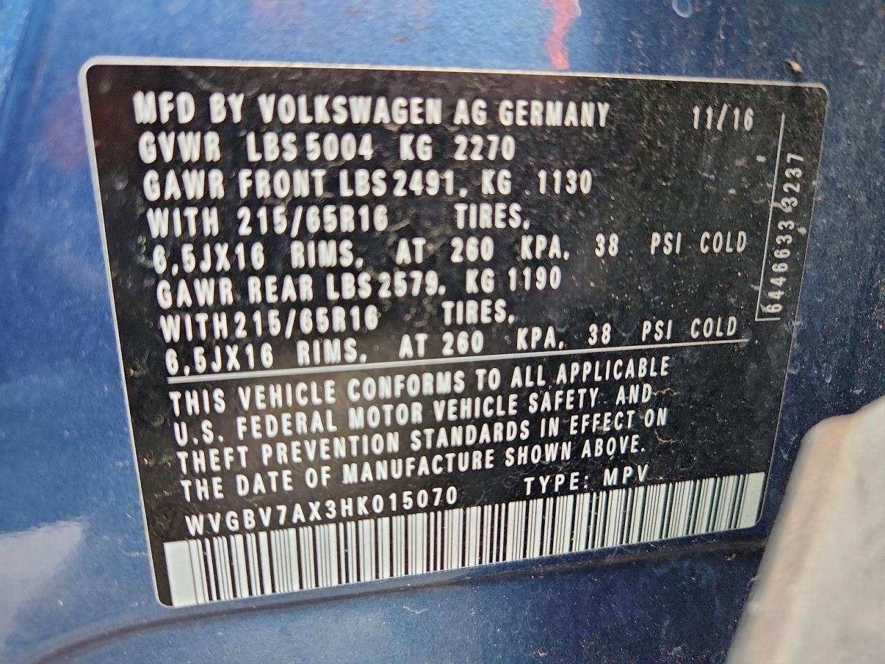 2017 Volkswagen Tiguan S VIN: WVGBV7AX3HK015070 Lot: 95281655