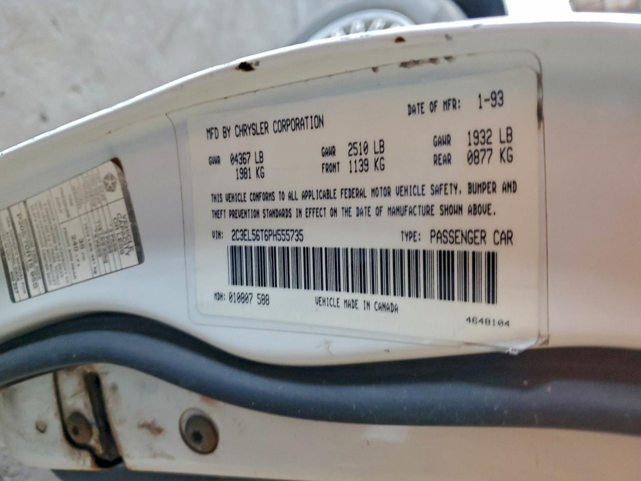 1993 Chrysler Concorde VIN: 2C3EL56T6PH555735 Lot: 97134305