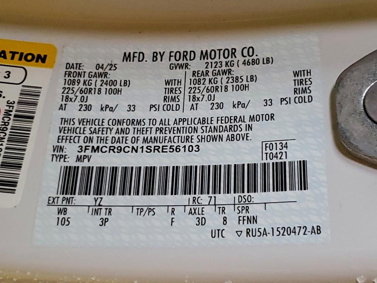 2025 Ford Bronco Sport Outer Banks VIN: 3FMCR9CN1SRE56103 Lot: 96457565