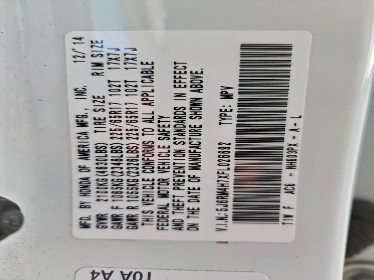 2015 Honda Cr-V Exl VIN: 5J6RM4H7XFL026692 Lot: 95682905